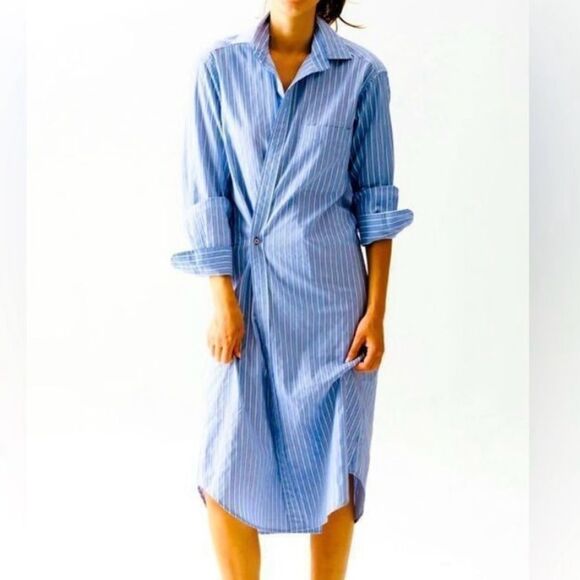 WEAR CISCO Midi Shirt Dress Button Down White Blue Stripe Size M / L - Picture 13 of 13